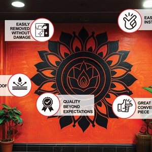 May include: Black and white mandala wall decal with the text "Quality Beyond Expectations" and other features like "Waterproof", "Easy to Install", and "Great Conversation Piece".