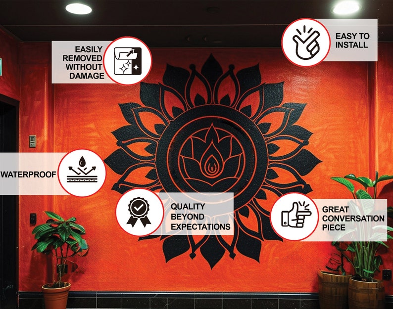 May include: Black and white mandala wall decal with the text "Quality Beyond Expectations" and other features like "Waterproof", "Easy to Install", and "Great Conversation Piece".