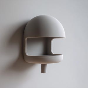 Puede incluir: Una estantería gris claro montada en la pared con una parte superior redondeada y una abertura rectangular. La estantería tiene una pequeña base circular y un soporte cilíndrico. El diseño es minimalista y moderno.