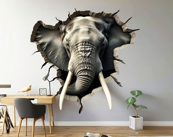 3D Elephant Wall Decal - Realistic Broken Hole Illusion Vinyl Sticker - Peel and Stick Cracked Wall Mural for Animal Decor