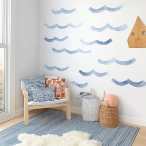 Ocean Wave Wall Decals | Blue Watercolor Vinyl Stickers | Beach Themed Nursery Decor | Set of 16 Waves | Coastal Room Wall Art