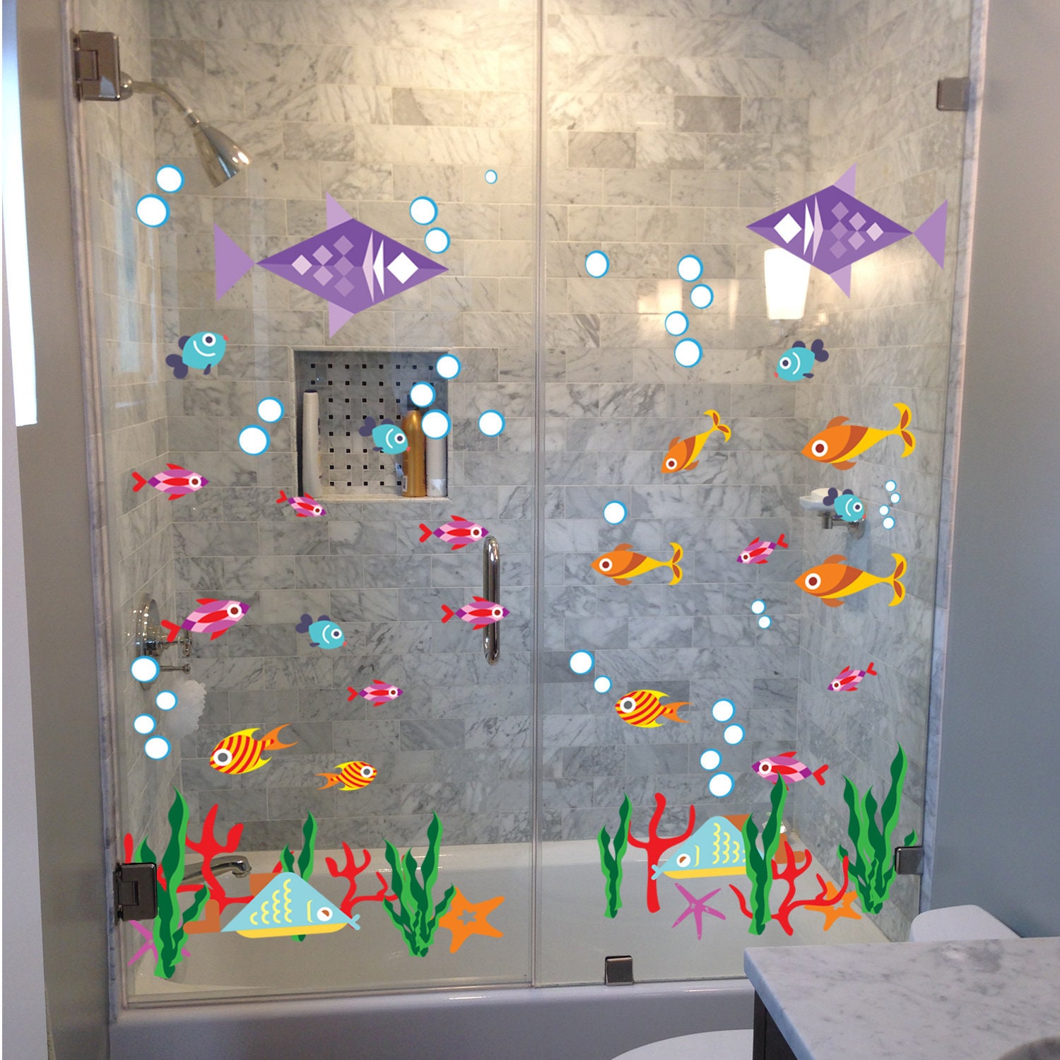 Bathroom Wall Decal - Ocean Animal Fish Decor Sticker - Under The Sea Creature  Themed Stick For Bath Room - Underwater Aquarium Decoration