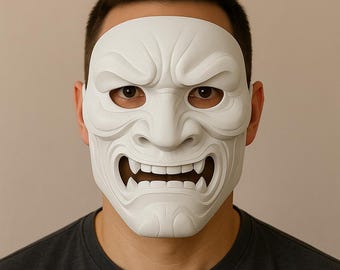 Full Oni Samurai Mask | 3D Printed Demon Mask | Japanese Warrior Cosplay | White Oni Mask | Halloween Costume | Scary Face Mask Gift for Him