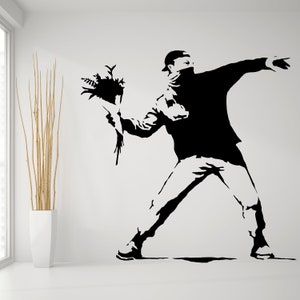 Banksy Flower Thrower Wall Decal - Street Art Graffiti Vinyl Decor Sticker - Waterproof Black Protest Color Die Cut Mural