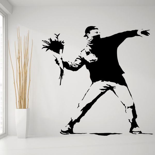 Banksy Flower Thrower Wall Decal - Street Art Graffiti Vinyl Decor Sticker - Imperméable à l’eau Black Protest Color Die Cut Mural