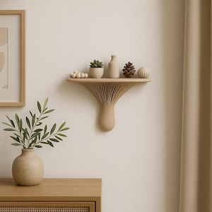 Beige 3D printed mushroom-shaped shelf mounted on a neutral wall, styled with minimalist decor pieces including succulents, pinecones, and vases. Organic form curves gently downward like a natural fungus growing from the surface.