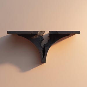 May include: A black, wall-mounted shelf with a unique design. The shelf appears to be split down the middle, with a textured, carved appearance. The shelf is supported by a curved bracket. The overall aesthetic is modern and artistic.