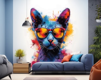 Colorful Watercolor Cat in Glasses Wall Decal - Vibrant Kitten Room Sticker Decor - Self-Adhesive Cute Kitty Art Mural on Transparent Vinyl