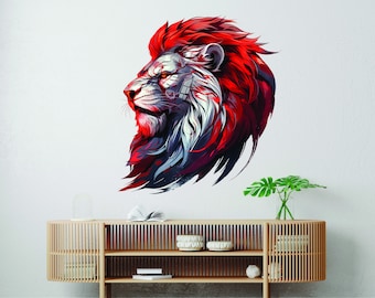 Cybernetic Lion Head Wall Decal - Red-Maned Futuristic Lion Art - Tech-Inspired Wisdom Wall Sticker - Many sizes to choose from