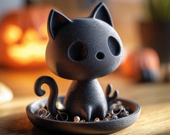 Organizador de joyas con forma de gato / Soporte para anillos con forma de gato / Soporte para pendientes con impresión 3D / Bandeja para joyas de Halloween / Decoración para tocador / Regalo para amantes de los gatos
