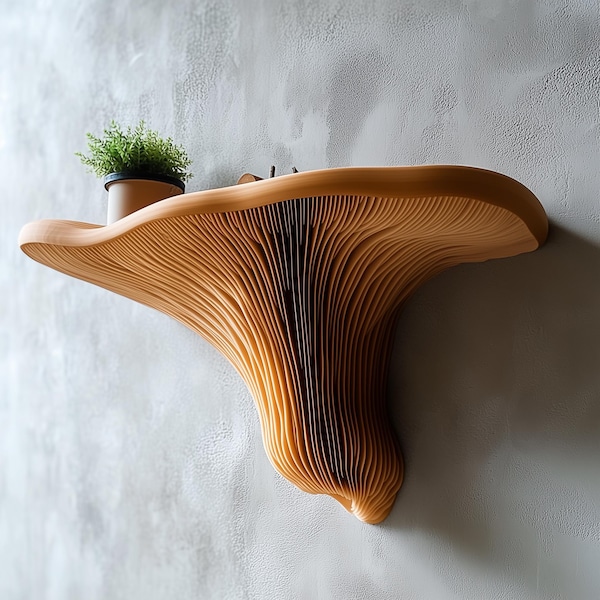 Estante flotante de pared con diseño de hongos impreso en 3D, decoración orgánica para pared, moderno y natural, con detalles de hongos únicos.