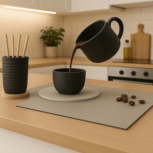 Pływająca rzeźba do nalewania kawy | Czarny druk 3D z kawą, złudzenie optyczne, dekoracja kuchni | Prezent dla miłośnika kawy, Barista, wyjątkowy bar kawowy