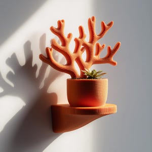 Peut inclure: Un pot mural orange en forme de corail avec une petite plante succulente dans un pot assorti. Le pot est posé sur une petite étagère, le tout dans une teinte orange chaude. Le design projette une ombre sur le mur blanc.