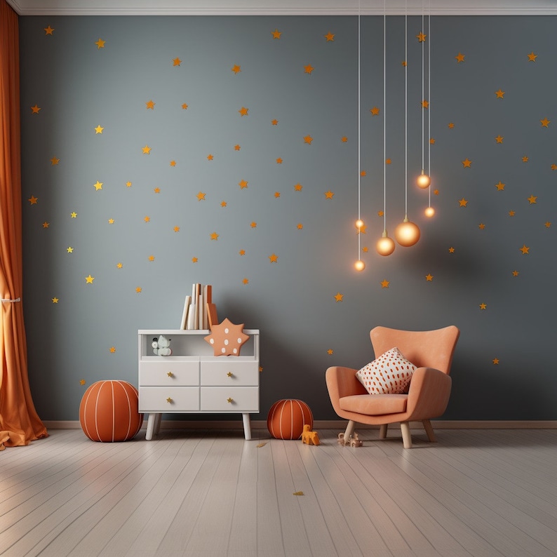 200x Gold Stars Wall Vinyl Stickers Elegant Peel and Stick Decals Decor for Ceiling, Walls, Bedroom, Living Room Enchantment zdjęcie 10