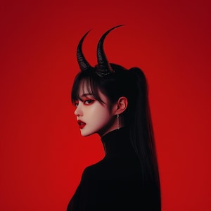 May include: A woman with long black hair and a black mock neck top is wearing a pair of black devil horns. She is looking to the side with a serious expression. The background is a solid red.