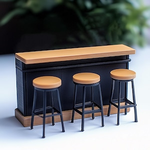 Barra de bar en miniatura a escala 1:12, muebles para casa de muñecas, bar y taburetes, mesa de cocina, decoración moderna, diorama de bar impreso en 3D, escena de pub