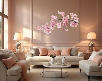 Calcomanía de pared de rama de árbol de flor de cerezo rosa - pegatina de esquina de vinilo de vivero sereno - elegante arte de pared floral sala de estar, guardería, habitación de niñas