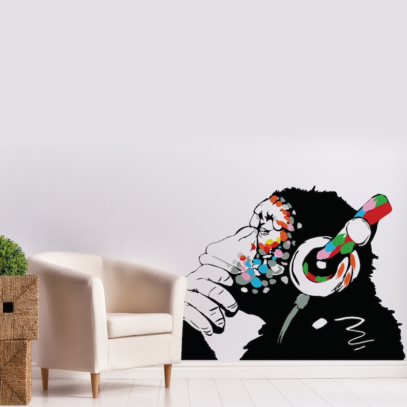 Singe Banksy avec casque autocollant mural grand Bansky pensant Dj chimpanzé vinyle autocollant musique Street Art Graffiti gorille penseur murale image 10