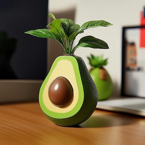 May include: A green avocado planter with a brown seed inside and a small green plant growing out of the top.