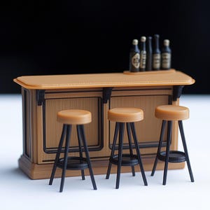 Miniature Bar Counter Set 1:12 Scale Dollhouse Bar | 3d Printed Bar Stools Dollhouse Pub Scene | Tiny Bar Furniture Modern Mini Bar Diorama