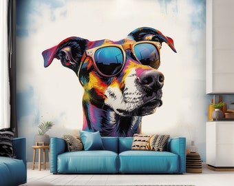 Border Collie en gafas etiqueta de la pared - calcomanía de decoración de perro de acuarela juguetona - regalo mural de arte de mascota autoadhesivo vibrante colorido divertido