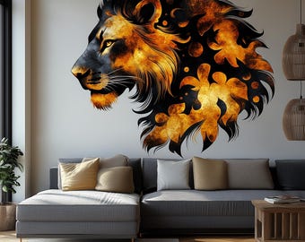 Abstract Lion Wall Decal | Fiery 3D Lion Mural Art | Bold Safari Animal Wall Sticker Decor for Living Room, Office, Statement Wall Art
