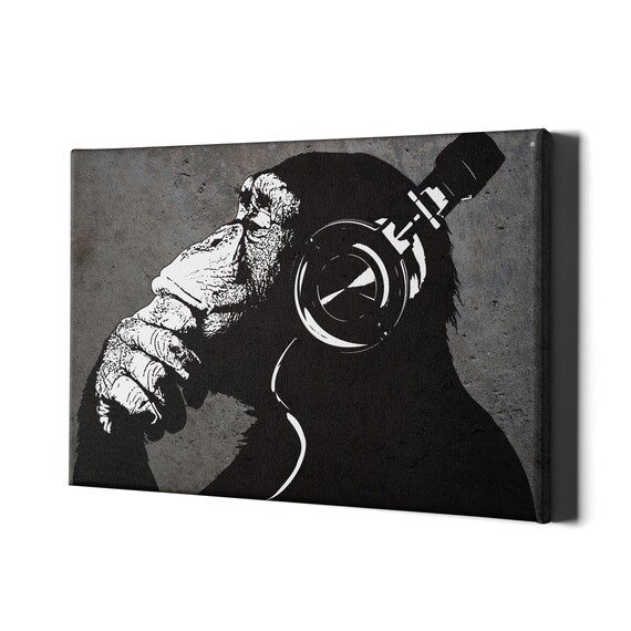 Thinking Monkey Headphones Canvas Wall Art Print - Banksy