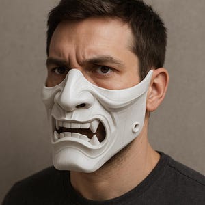 White Oni Samurai Mask | 3D Printed Demon Mask | Japanese Half Face Cosplay Mask | Horror Mask for Men | Halloween Gift | Kabuki Style Mask