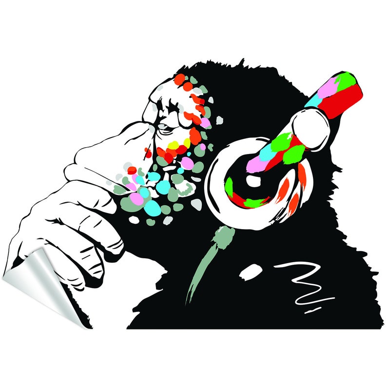 Singe Banksy avec casque autocollant mural grand Bansky pensant Dj chimpanzé vinyle autocollant musique Street Art Graffiti gorille penseur murale image 3