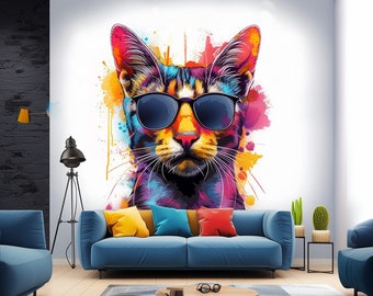 Calcomanía de pared de gato acuarela con gafas de sol, calcomanía artística de gatito lindo felino juguetón, mural de gatito animado fácil de aplicar en vinilo transparente