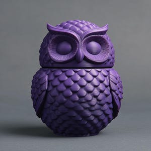 May include: A purple owl-shaped container with a textured surface. The container is in two parts, with a lid that fits over the base. The owl has large, detailed eyes and feather-like patterns.
