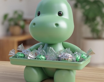 3D-geprinte schattige babydinosaurus snoepkom, dienblad met zittend dierenfiguurtje, sleutelhouder voor op het bureau, speelse snackkom, bureau-organizer