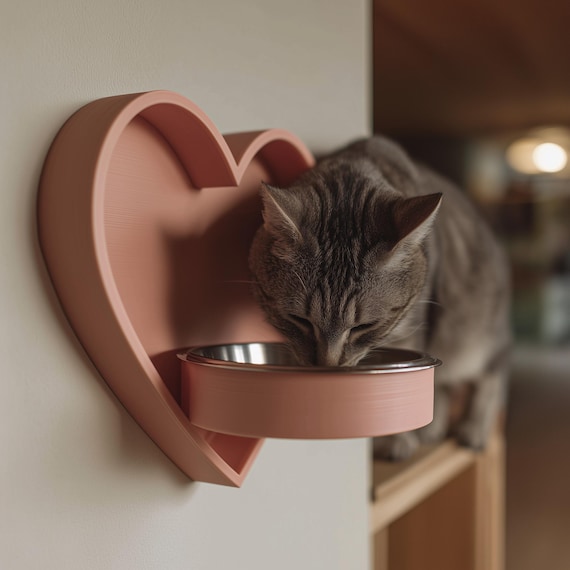 Heart Wall Mounted Pet Bowl Holder | 3D Printed Raised Feeder Frame for Cat or Small Dog | Cute Feeding Station Home Decor Wall Feeder Stand