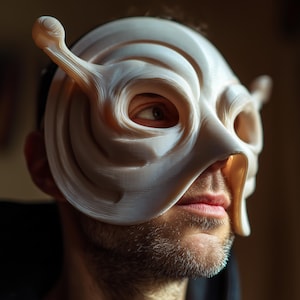 Op de afbeelding: Een crèmekleurig, 3D-geprint masker met een gladde, gelaagde textuur en twee opvallende, antenne-achtige uitsteeksels aan de bovenkant. Het masker heeft grote, ronde oogopeningen en een voorgevormde pasvorm die het bovenste gezicht bedekt.