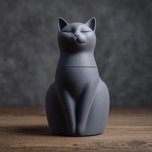 Könnte beinhalten: Graue Keramik-Katzenfigur mit geschlossenen Augen, sitzend auf einer Holzoberfläche. Die Katze hat eine glatte, matte Oberfläche und ein minimalistisches Design. Die Figur ist ein dekorativer Gegenstand, möglicherweise ein Behälter oder eine dekorative Skulptur.