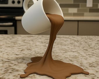 Floating Spilling Coffee Cup | 3D Printed Optical Illusion Sculpture Coffee Lover Kitchen Decor | Funny Desk Accessory Barista Gift Cafe