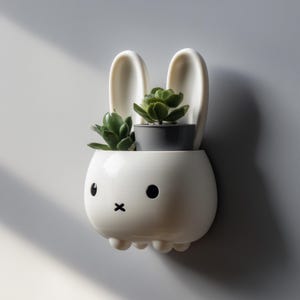 Op de afbeelding: Een witte, konijnvormige wandplanter met twee rechtopstaande oren en een rond lichaam. De planter heeft zwarte ogen en een zwart kruisje voor de mond. Twee kleine groene vetplanten zijn in de planter geplant.