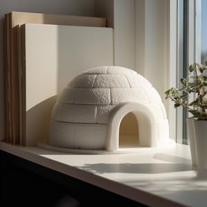 Peut inclure: Un objet décoratif blanc en forme d'igloo, avec un dôme arrondi et une entrée arquée. L'igloo est fait de blocs rectangulaires texturés et repose sur une base circulaire. Il est placé sur un rebord de fenêtre blanc, à côté d'une petite plante en pot.