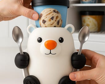 3D Printed Polar Bear Ice Cream Pint Holder | Cute Icecream Holder with Spoon Slots | Gift for Ice Cream Lovers | White Bear Kitchen Decor