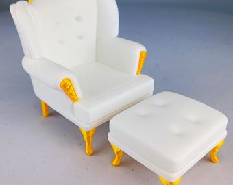 Dollhouse Sofa & Ottoman | 1:12 Scale Miniature Furniture | 3D Printed Victorian Chair | Elegant Dollhouse Decor | Miniature Armchair