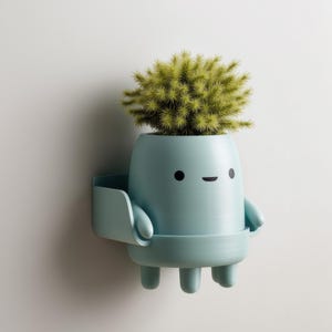 May include: A light blue, cartoon-style plant pot with a small green plant inside. The pot has a smiling face, arms, and three small legs. It is mounted on a white wall.