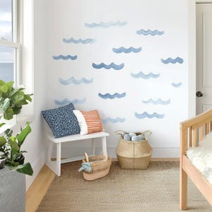 Watercolor Wave Wall Decals Set | Minimal Ocean Wave Stickers | Blue Sea Vinyl Wall Art for Nursery, Beach House, or Coastal Room Decor