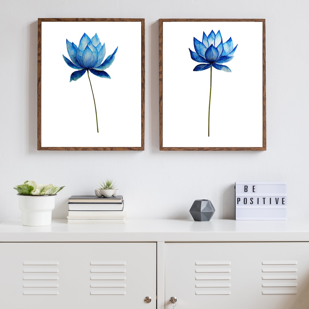 Lotus Flowers Wall Art Prints Blue Floral Watercolor Picture Poster