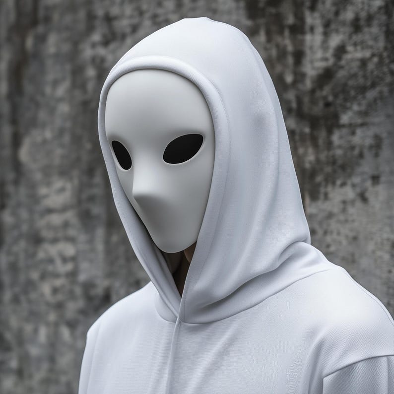 May include: A person wearing a white hooded sweatshirt with a white mask covering their face. The mask has two black eye holes.