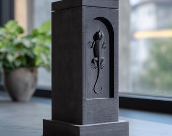 Gecko Haustier Urne Turm | 3D gedrucktes architektonisches Gedenkandenken mit versenktem Eidechsenrelief | Minimaler Feuerbestattungs-Dekor-Sympathie-Geschenk