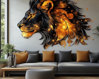 Cosmic Lion Wall Decal | Fiery 3D Lion Mural Art | Bold Animal Wall Sticker Decor for Living Room, Office, Safari & Space-Inspired Accent