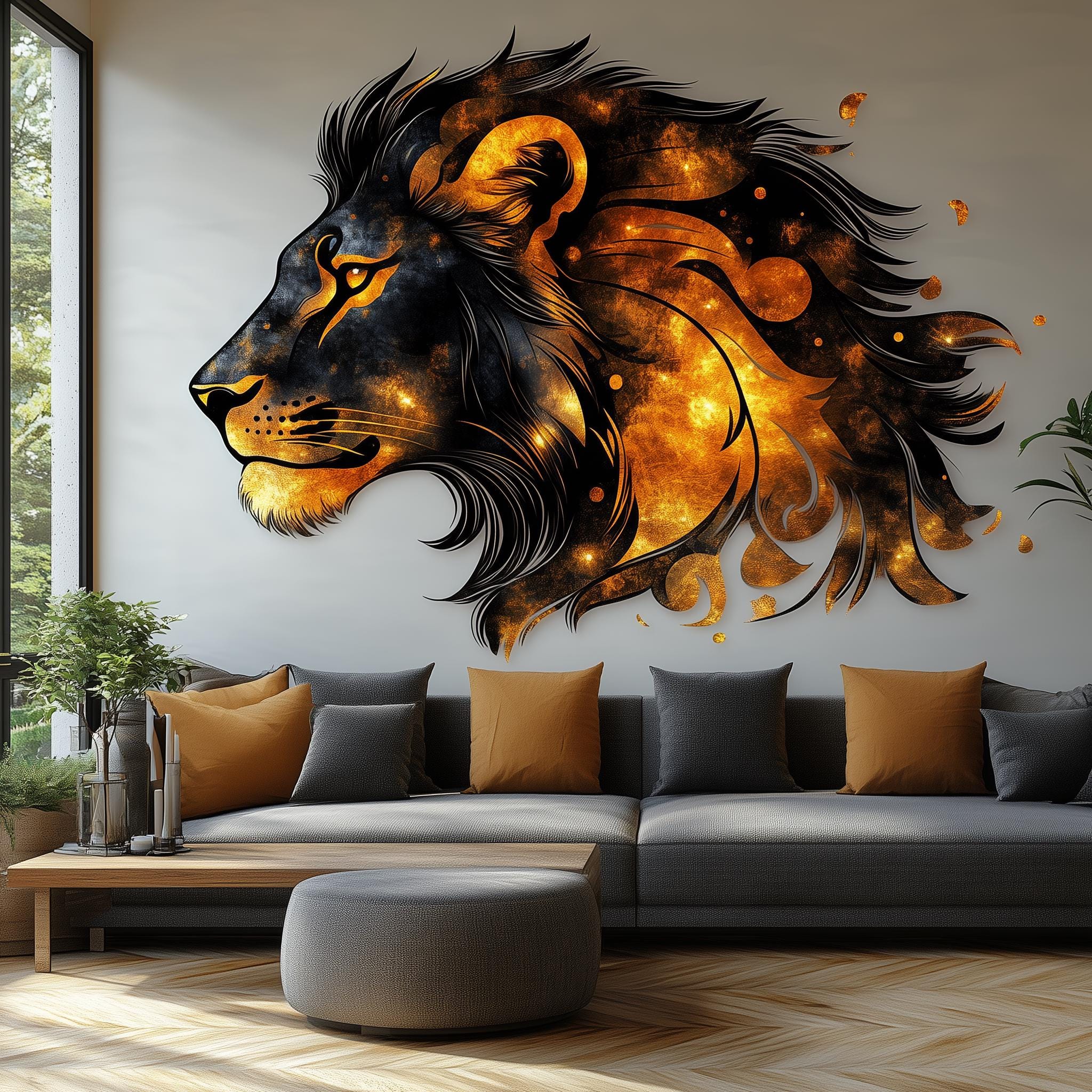 Calcomanía de pared de león cósmico / Mural de león 3D ardiente / Adhesivo decorativo de pared con animales llamativos para sala de estar, oficina, safari y acento inspirado en el espacio