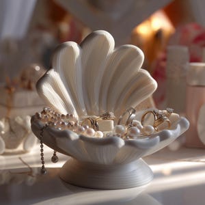 Puede incluir: Un plato de cerámica blanca para joyas con forma de concha abierta y base de pedestal. El plato contiene varios anillos dorados y un largo collar de perlas blancas que cuelga por el borde. La superficie presenta estrías radiantes.