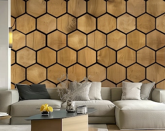 Calcomanías de papel tapiz hexagonal - Diseño de pared hexagonal de madera autoadhesivo, pegatinas de panal de diseño negro y madera, decoración geométrica moderna de la habitación