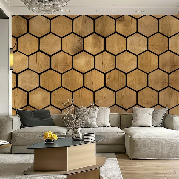 Hexagon Wallpaper Decals - Self-Adhesive Wooden Hexagon Wall Design, Black and Wood Design Honeycomb Stickers, Modern Geometric Room Decor
